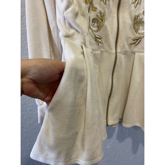 Boston Proper Cream Zip up Embroidery Velour Sweater Size M - Picture 3 of 7